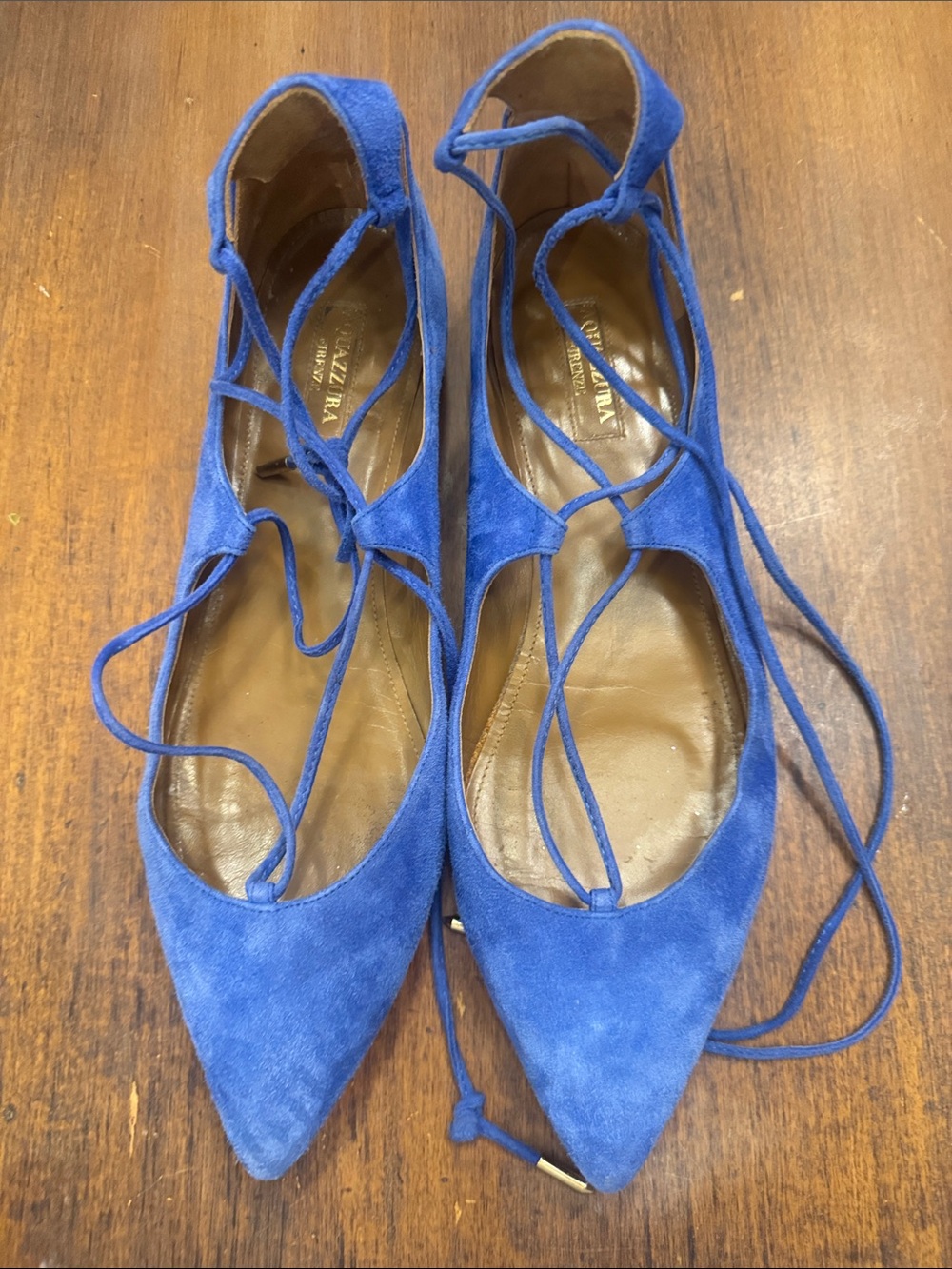 Aquazzura Cobalt Blue Suede Lace-Up Pointed Flats